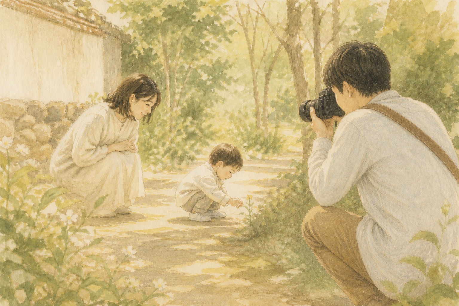 花を見つけたお子さまと、そっと見守る大人たちのイラスト
