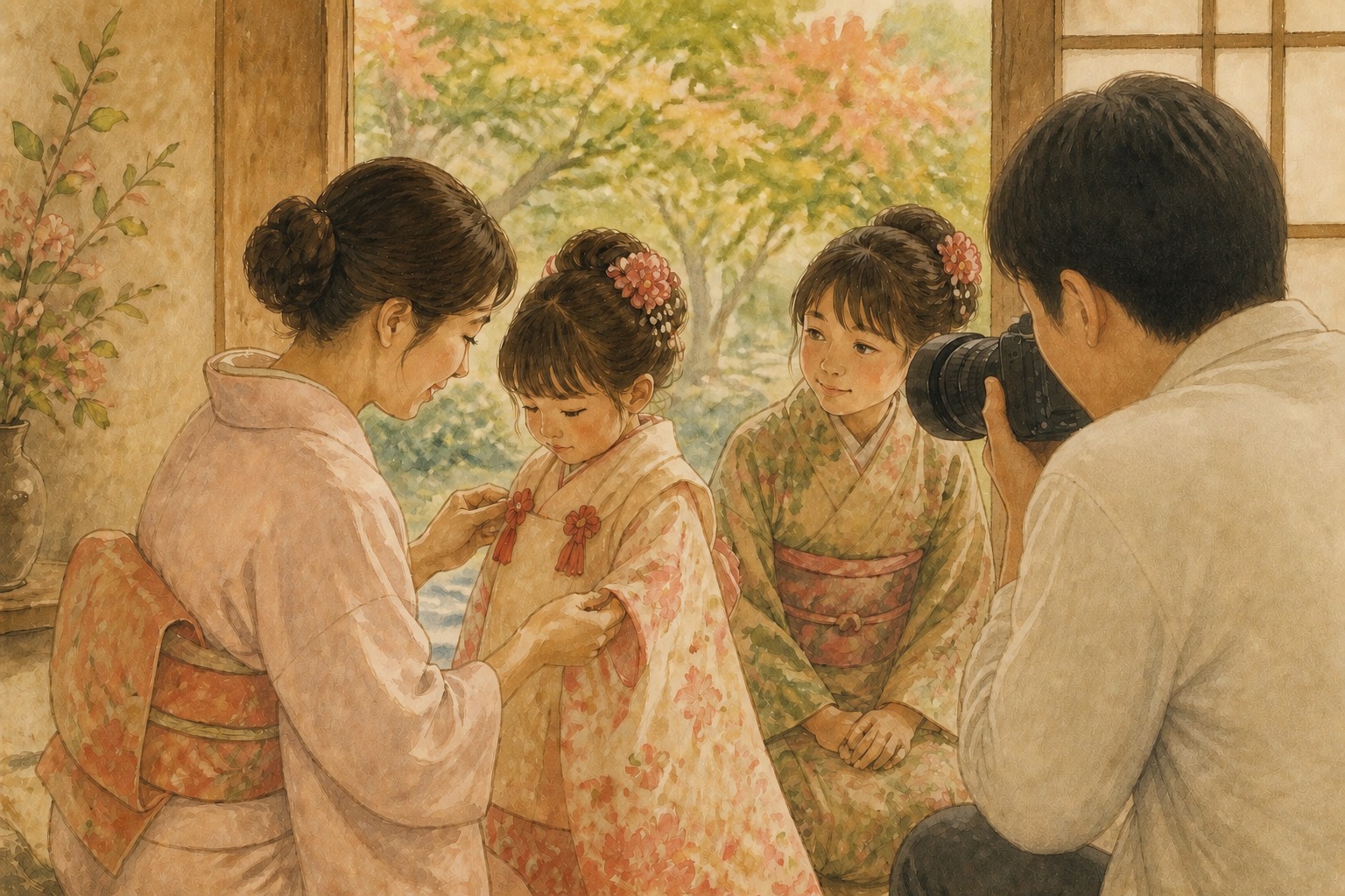 着物を整える家族の何気ない時間を写すイラスト