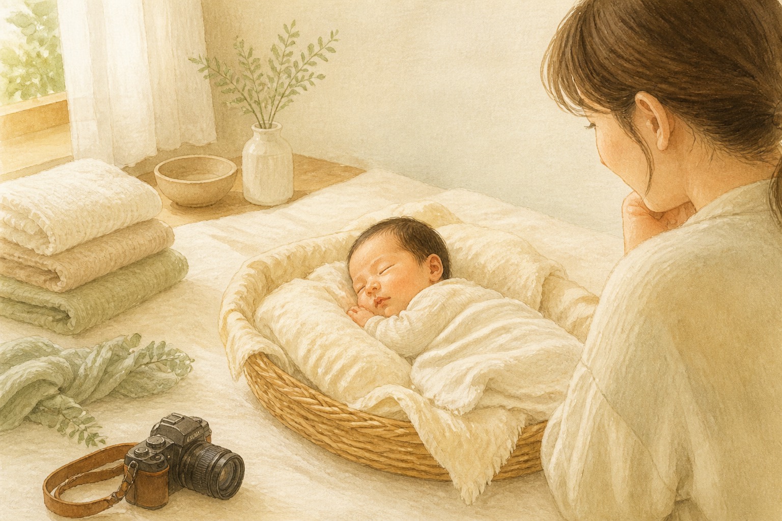 やわらかな光の部屋で眠る新生児を見守るイラスト