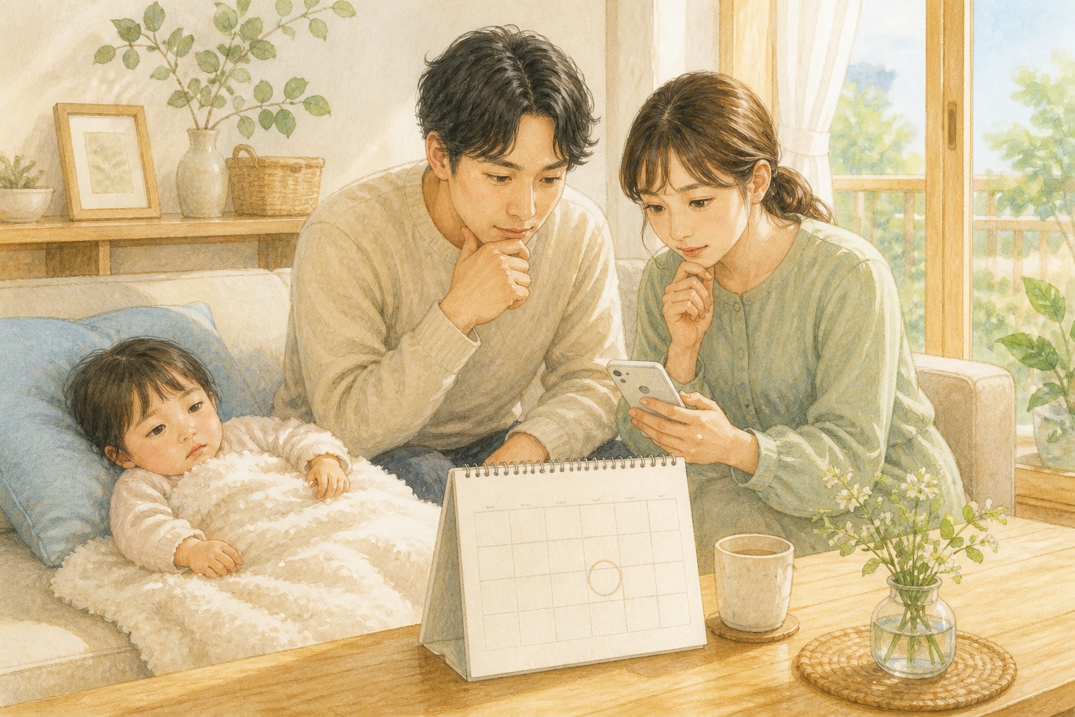 体調を崩した子どもをそばで見守りながら、日程を相談する家族のイラスト