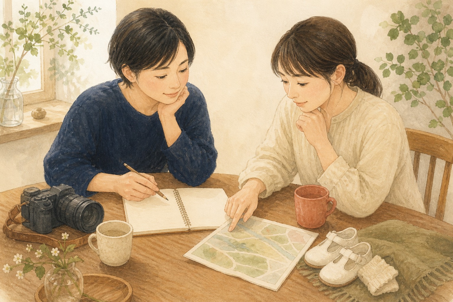 テーブルで撮影について相談するイラスト