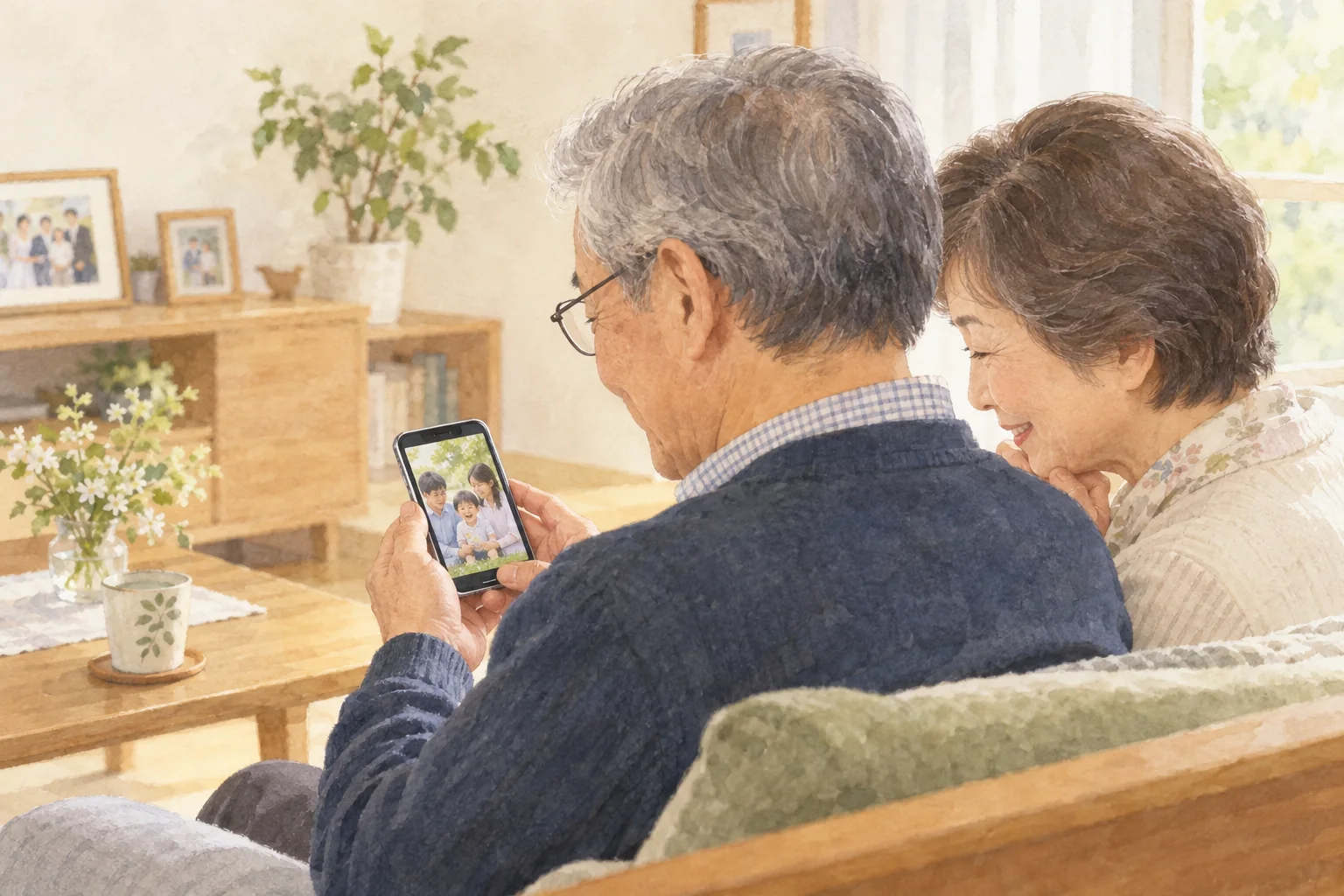祖父母がスマートフォンで家族写真を一緒に見返す利用イメージ