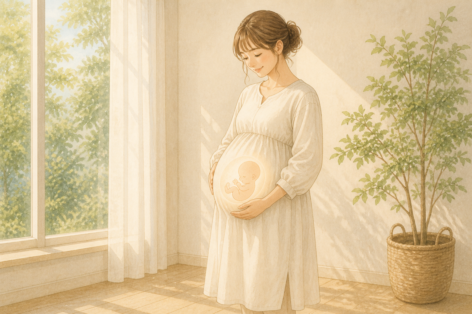 お腹の赤ちゃんを思いながら微笑む妊婦さんのイラスト