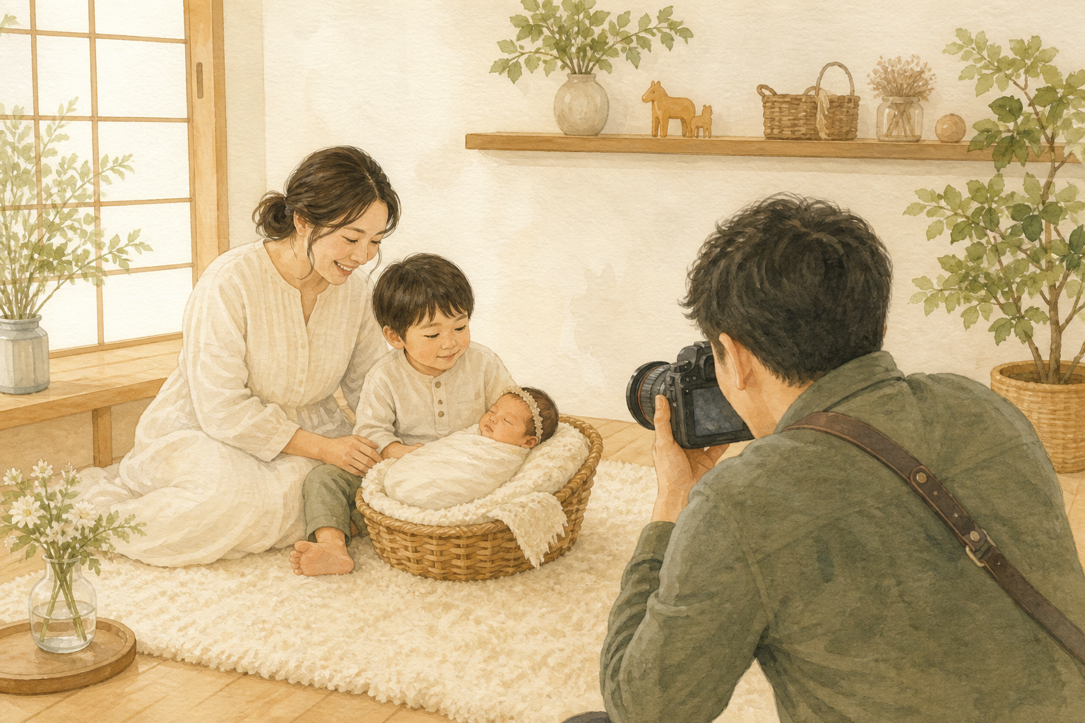 お兄ちゃんと赤ちゃんを家族とカメラマンが見守る撮影風景のイラスト